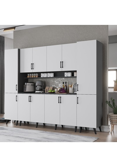 Della Kahve Köşesi Çok Amaçlı Dolap Kiler Mutfak Dolabı Füme Beyaz 240cm Antrasıt - Beyaz Della Kahve Köşesi Çok Amaçlı Dolap Kiler Mutfak Dolabı Füme Beyaz 240cm Antrasıt - Beyaz