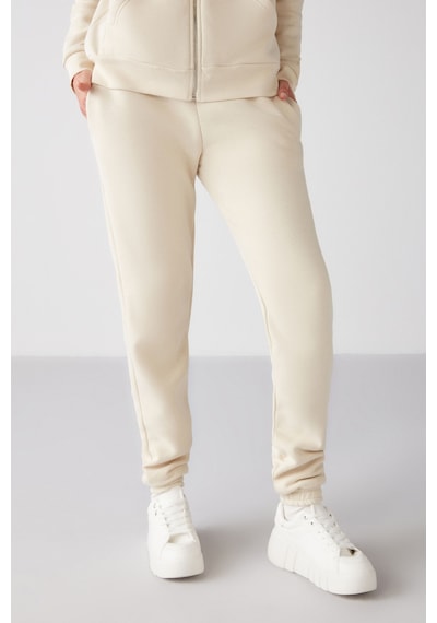 Grımelange Marıtza Kadın Içi Polarlı %100 Organik Pamuklu Beli Paçası Lastikli Relaxed Vanilya Eşofman Altı