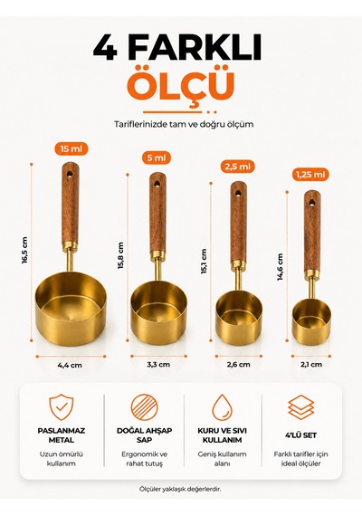Lüks 4'lü Ahşap Kulplu Gold Ölçü Kaşığı Seti Kahve, Baharat, Tatlı Ve Hamur İşi İçin Mutfak Ölçü Seti Altın