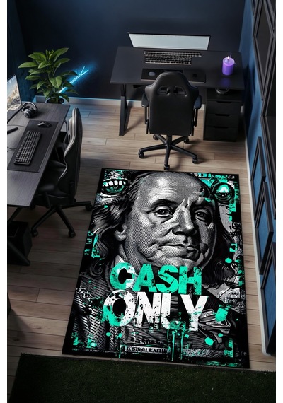 Cash Only Para Temalı Dijital Baskı Yıkanabilir Kaymaz Taban Halı Gnc5