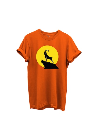 Dağ Keçisi Siluet Baskılı %100 Pamuk Regular Fit Bisiklet Yaka Unisex T-shirt Turuncu