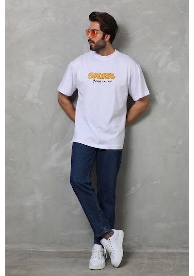 Erkek Kısa Kol Yazlık Tişört Bisiklet Yaka Baskılı Oversize T-shirt - Beyaz Siyah