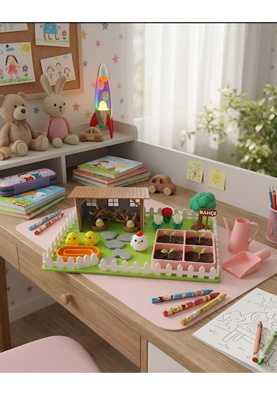 Kutpia Mini Bahçe Çocuk Oyun Ve Eğitim Seti 25x19cm - Sevimli Tavuklar Pembe