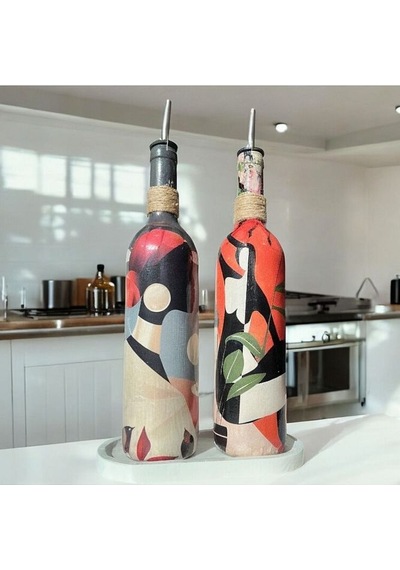 Yerli Kadın Desenli Yağdanlık Seti, Sosluk Ve Sirkelik Seti, 750 Ml Zeytinyağı Sıvıyağ Şişesi Set Çok Renkli