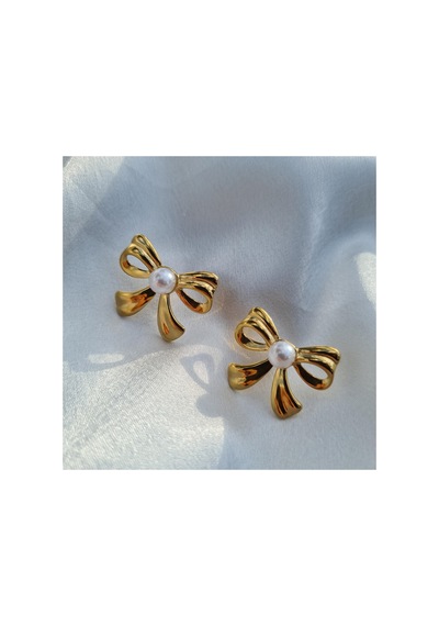 Luxe Pearl Bow Küpe Altın