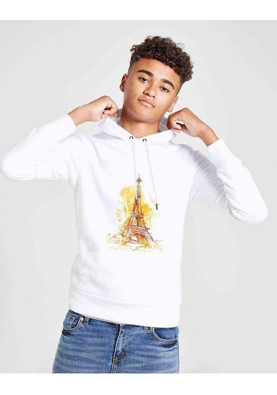 Tshirthane Watercolor Eiffel Tower Baskılı Unisex Çocuk Kapüşonlu Sweatshirt Beyaz