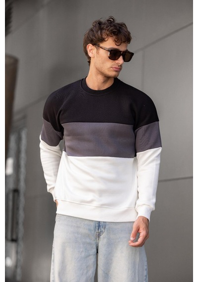 Trc 3244 Üç İplik Pamuklu Parçalı Bisiklet Yaka Erkek Sweatshirt 001