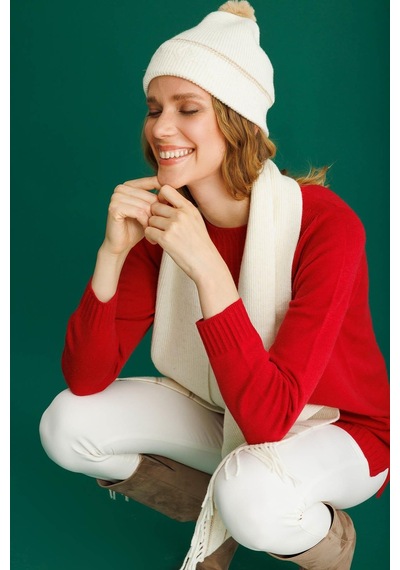 Desen Triko Kadın Simli Jakarlı Ponponlu Yün Şapka Kemik Kemik