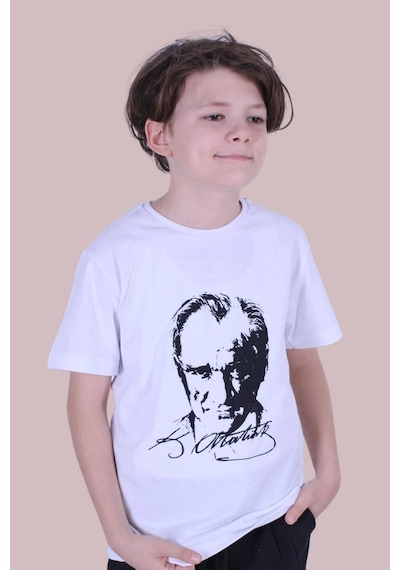 Panios Kids Atatürk Imzalı Ve Baskılı Unisex Çocuk Beyaz Tişört Beyaz