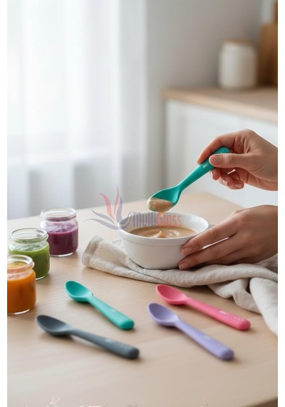 2'li Silikon Mama Kaşığı 15 Cm, Koyu Pembe Çok Renkli