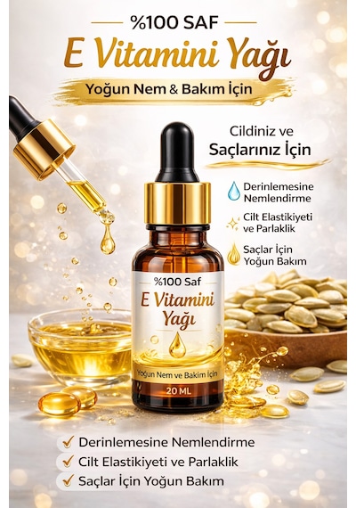 E Vitamini Yağı 20 Ml %100 Saf Vitamin E Yağı Cilt, Saç Ve Nem Bakımı İçin