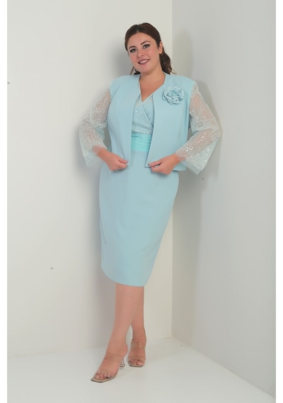 By Saygı Kadın Kruvaze Yaka Beli Drapeli Elbise Kolları Tül Ceket Astarlı Pul Detaylı Büyük Beden 2'li Takım Mint By Saygı Kadın Kruvaze Yaka Beli Drapeli Elbise Kolları Tül Ceket Astarlı Pul Detaylı Büyük Beden 2'li Takım Mint