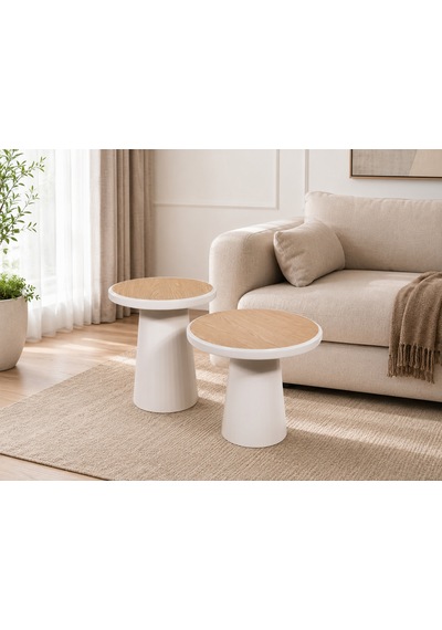 Ganni Home Vegas 2 Li Zigon Sehpa Seti Meşe Krem, Yuvarlak Tablalı Modern Kaideli Tasarım