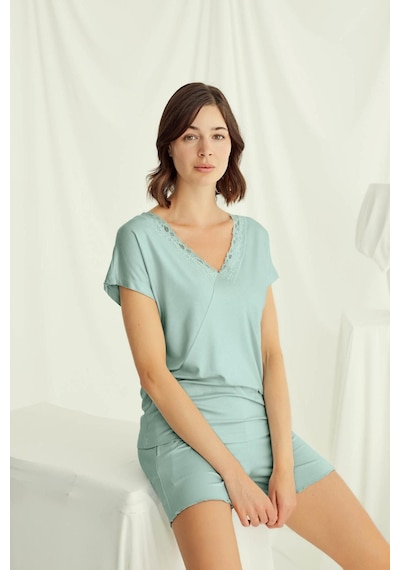 Monamise 18515 Kadın V Yaka Kısa Kollu Şortlu Pijama Takımı-açıkyeşil Açık Yeşil