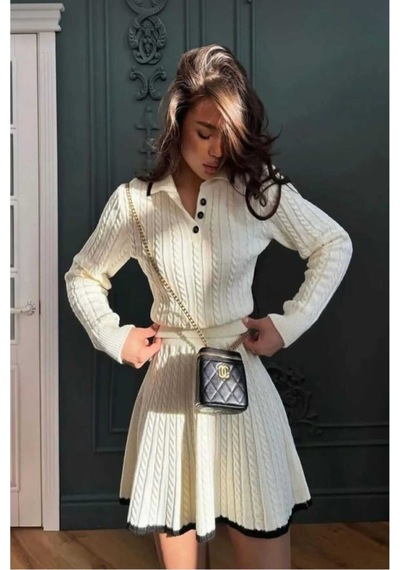 Sayzen Your Shine Polo Yaka Saç Örgülü Kazak-etek Triko Takım Sy-25100 Ekru