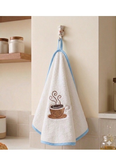 %100 Pamuk Yuvarlak Mutfak Havlusu 50 Cm 2 Li Set Yüksek Emicilik, Askı Halkalı, Nakışlı Şık Tasarım, Makinede Yıkanabilir Kurulama Bezi Beyaz