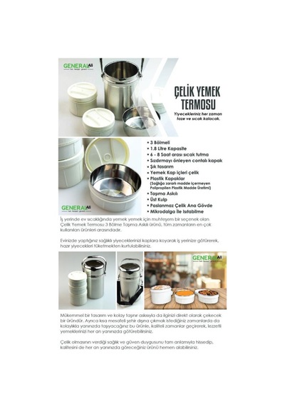 Geseus Master 3 Bölmeli Iç Dış Çelik Yemek Termosu Sefer Tası