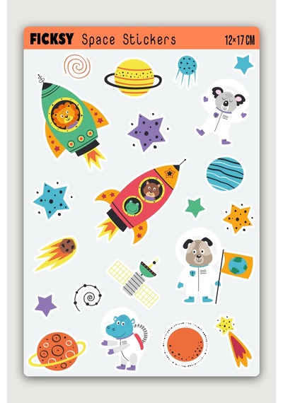 Sevimli Kozmik Hayvanlar Sticker Seti - 21 Adet Uzay, Gezegen, Astronot, Yıldız Etiket Çıkartma Diğer