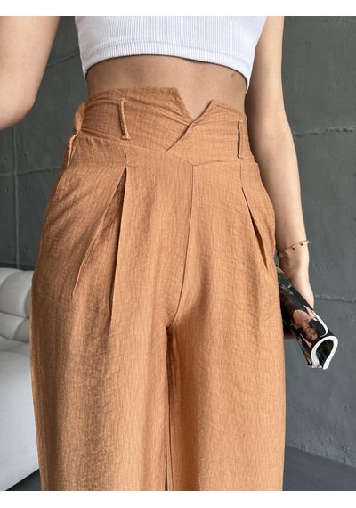 Eke Tekstil Kadın Camel Keten Paçaları Yırtmaçlı Pantolon-camel Camel