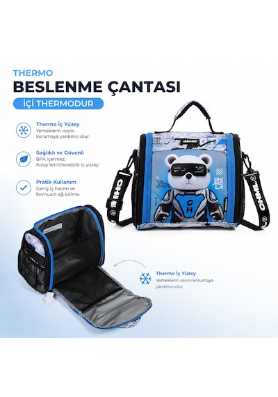 Chimola Cyber Bear İlkokul Çanta Seti 3'lü Okul Çantası + Beslenme Çantası + Kalemlik Mavi