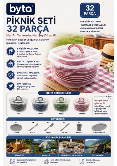 32 Parça Piknik Seti 6 Kişilik Taşınabilir Kapaklı Piknik Ve Kamp Yemek Seti Şeffaf