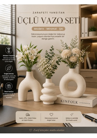 El Yapımı Minimal Vazo Set 3 Lü 3lü Mini Set Beyaz