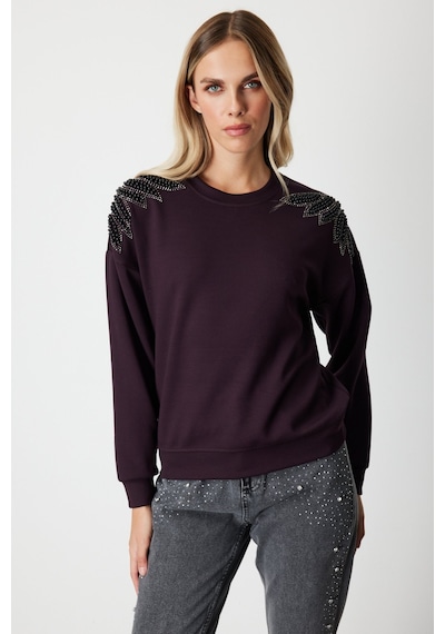 On Kadın Omuzları İncili Sweat 66338 Bordo Bordo