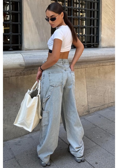 Açık Mavi Kargo Kemer Detaylı Baggy Kadın Jean Mg2874