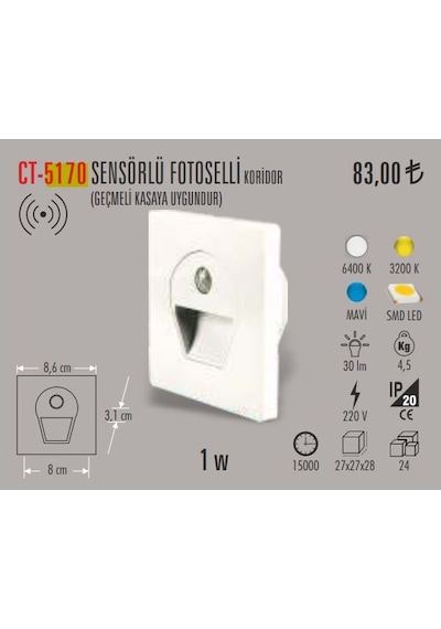 Cata Ct-5170 Sensörlü Led Koridor Merdiven Aydınlatma Beyaz Işık
