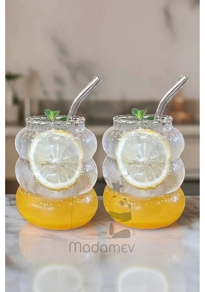 4lü Bubble Şekli Pipetli Cam Bardak Limonata Meşrubat Kokteyl Kahve Sunum Baloncuk Bardağı 500 Ml.