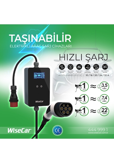 Wisecar Wtp3 22 & 11 Kw Taşınabilir Yapay Zeka Destekli Akıllı Elektrikli Araç Şarj Cihazı Mobil Uygulama & Wisecar Aı 22 kw