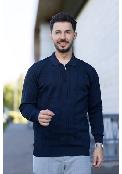 Hk Premium Triko Kazak Polo Yaka Fermuarlı Slim Fit Lacivert