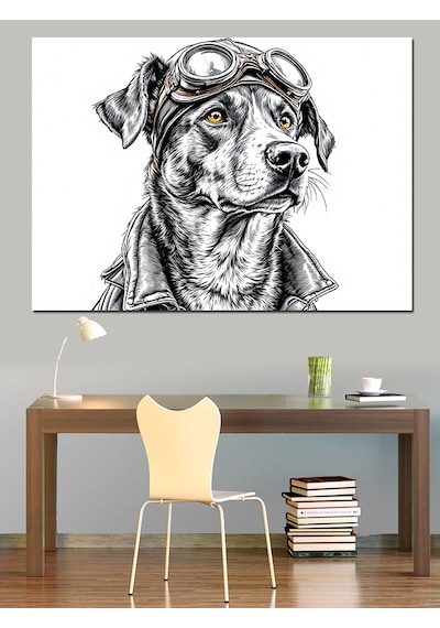 Gözlüklü Pilot Köpek Çizimi Dekoratif Kanvas - Mdf Ahşap Tablo