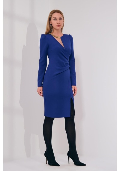 Explosion Midi Abiye Elbise - Uzun Kol V Yaka Minimalist Saks