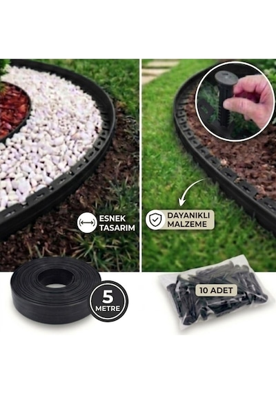 Esnek Çim Sınırlayıcı 5 Metre Çim Ayracı Bahçe Bordürü + 10 Sabitleme Çivisi Siyah