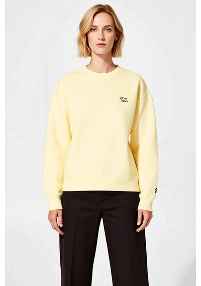 Benerly Kadın Bisiklet Yaka Düşük Kol Nakışlı Örme Sweatshirt Fonksiyonel Açık Sarı