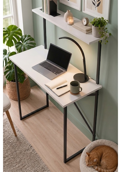 90x45 Cm Raflı Çalışma Masası Laptop Masası Çocuk Çalışma Masası Ders Masası Atay Beyaz