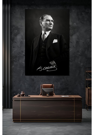 Atatürk İmzalı Siyah Beyaz Cam Tablo Modern Prestij Uv Baskı Duvar Dekoru