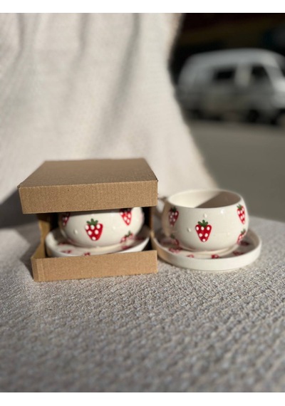 El Yapımı Seramik Kupa, Mug, Türk Kahvesi Bardağı Çilek Desenli