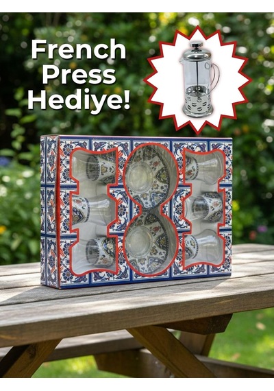 Topkapı 6 Kişilik Çay Seti, French Press Hediyeli, 9 Farklı Osmanlı Desenli Çay Bardağı Takımı 6, Topkapı Lal Genel
