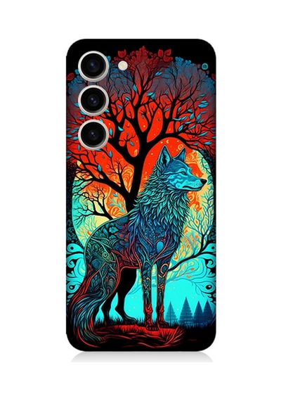 Samsung Galaxy S23 Plus Uyumlu Silikon Kılıf Tribal Vitray Kurt Ve Ağaç