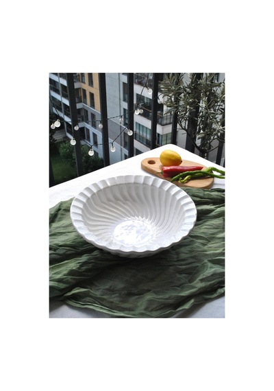 1 Adet Seramik İstiridye Desenli Beyaz Salata Kasesi 27 Cm Büyük Salata Tabağı