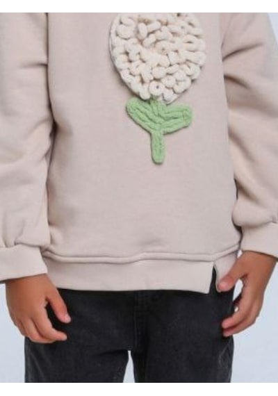 Kız Bebek Örgü Çiçek Detaylı Sweathirt-14304 Bej