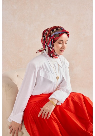 Silk Home Twill İpek Eşarp Şerit Bordo Çok Renkli