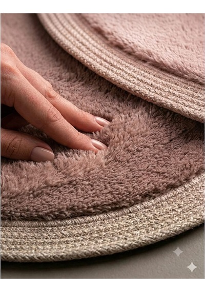 Kaymaz Taban Peluş Banyo Paspası Seti Pudra Rengi Jüt Kenar Detaylı 2'li Oval Yuvarlak 100x60 60x60