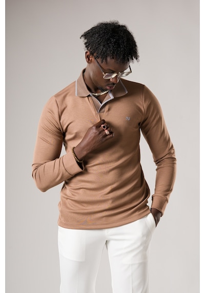 Advante Slimfit Düğmesiz V Polo Yaka Likralı Uzun Kol Mevsimlik Sweatshirt Açık Kahverengi