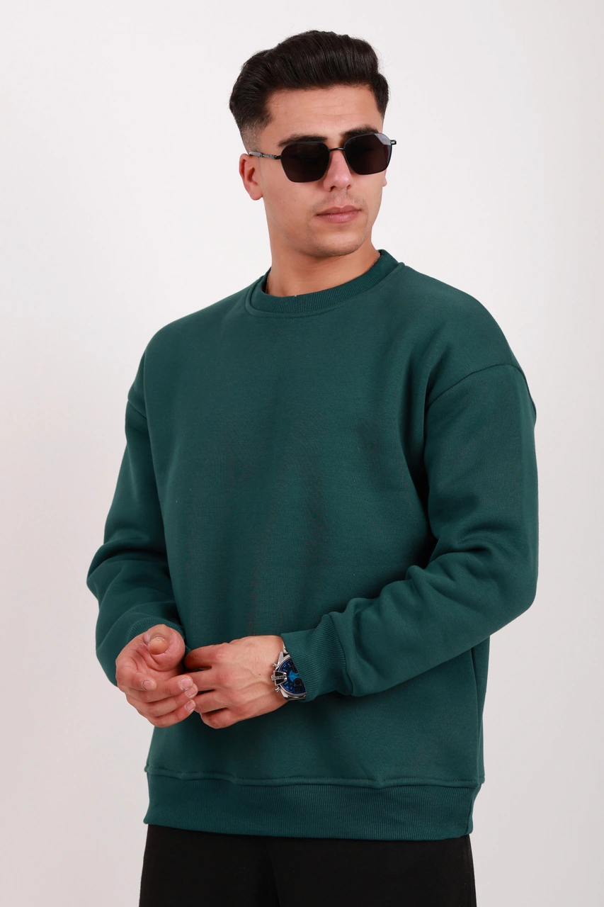 Erkek Standart Fit Bol Kesim %100 Pamuklu Içi Şardonlu 3 Iplik Bisiklet Yaka Sweatshirt Nefti