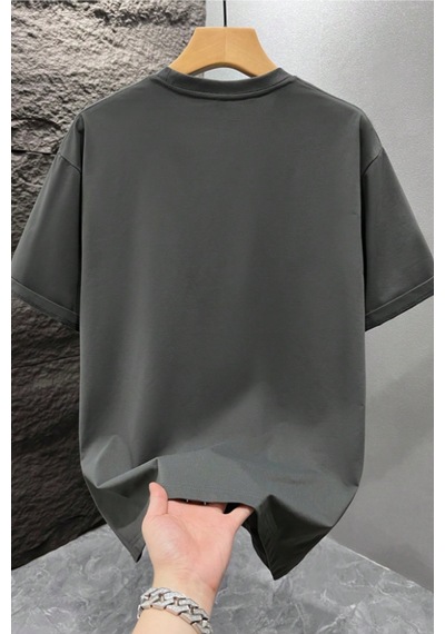 Erkek %100 Organik Pamuklu Kalın Dokulu Comfort Fit Bisiklet Yakalı T-shirt Gri