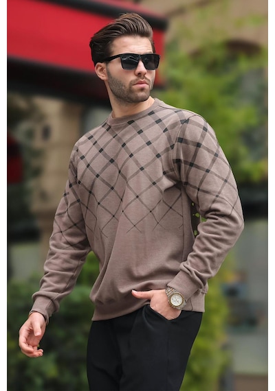 Madmext Camel Desenli Bisiklet Yaka Triko Kazak 6019 Camel