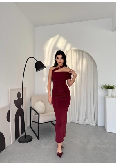 Dogutrend Reta Çapraz Omuz Elbise Bordo
